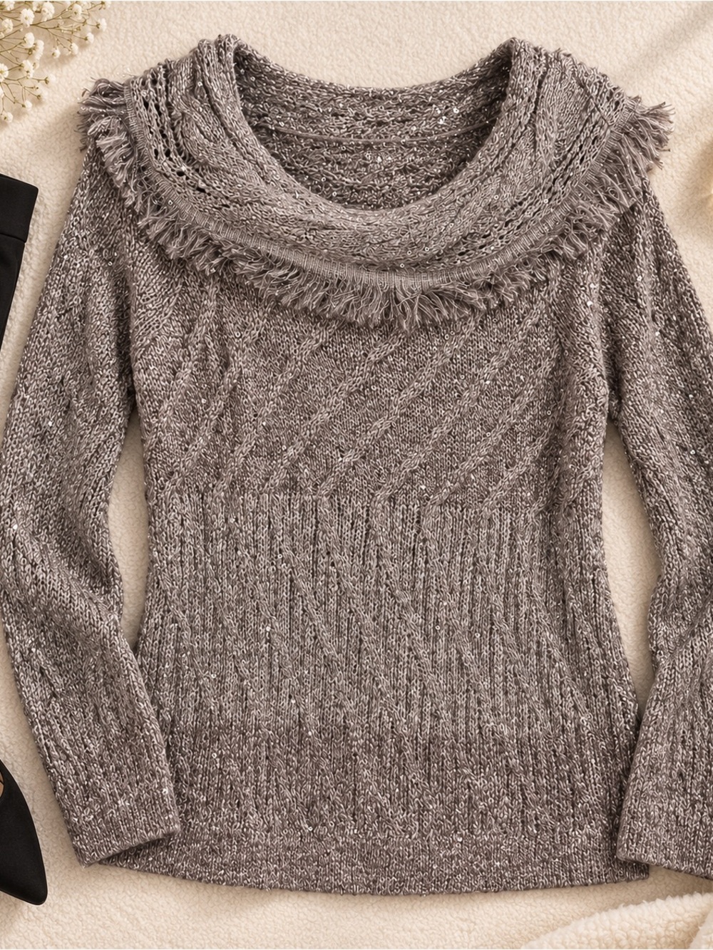 NWT White House Black Market Sequin Metallic Cowl Neck Sweater MP Petite